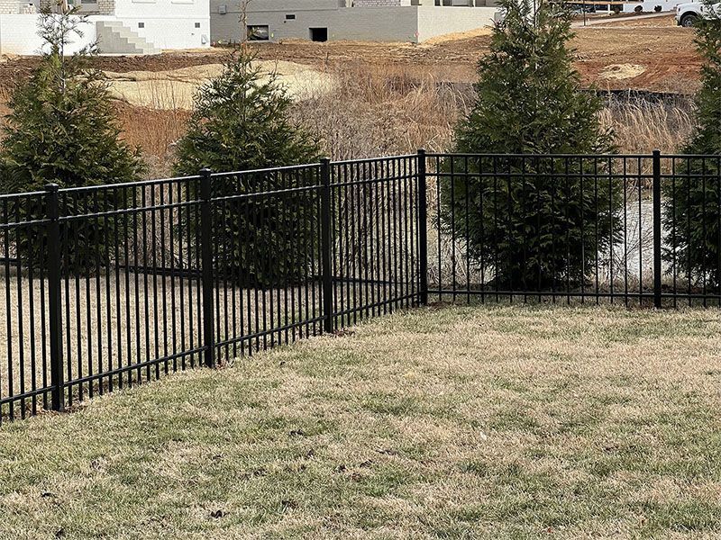 Black metal fence encloses a grassy yard with evergreen trees. Beyond the fence is a hillside.