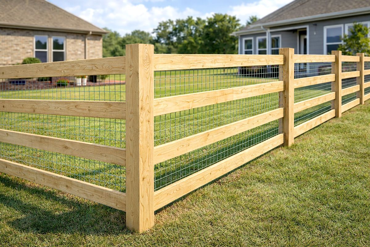 Wooden fence with wire mesh in a grassy yard, near two houses.