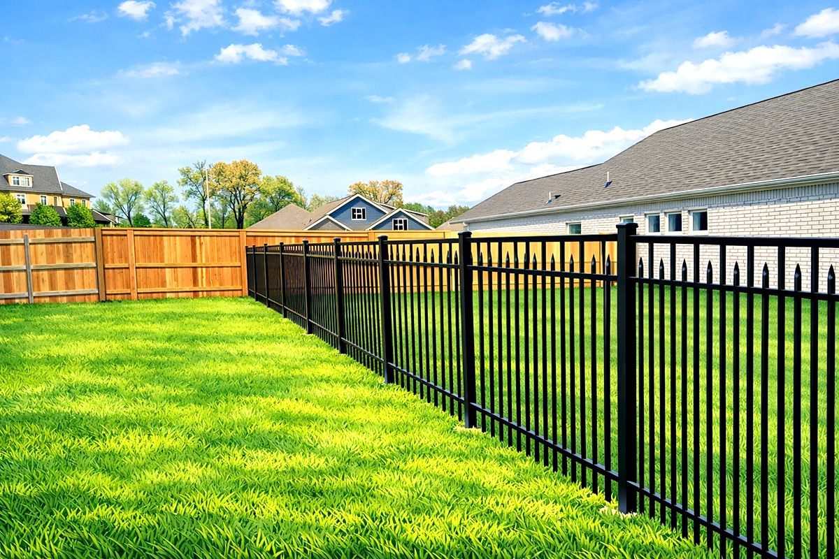 Lush green backyard with black metal fence and wooden fence under a blue sky.
