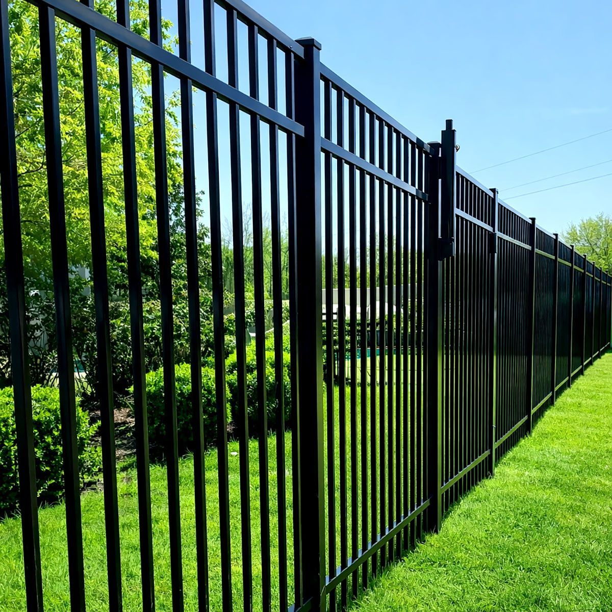 A black metal fence on a white background.