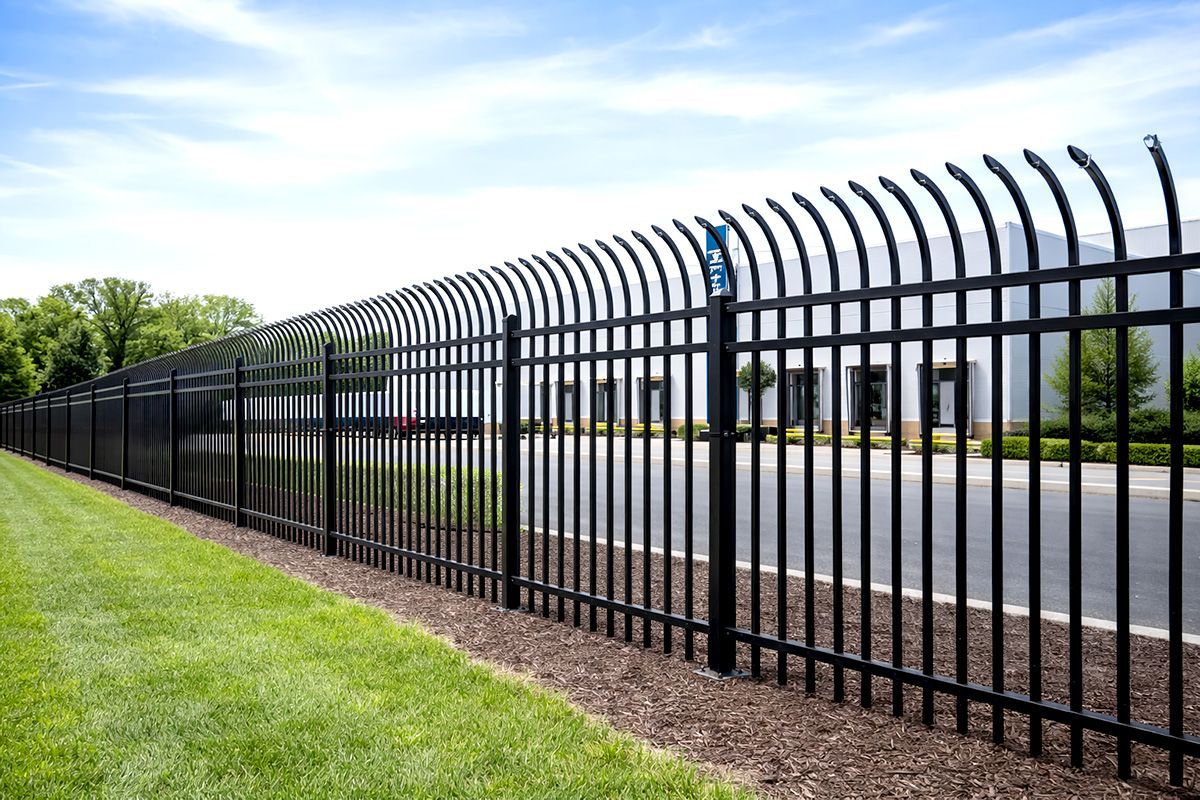 Black metal security fence with arched tops along a grassy area and road.