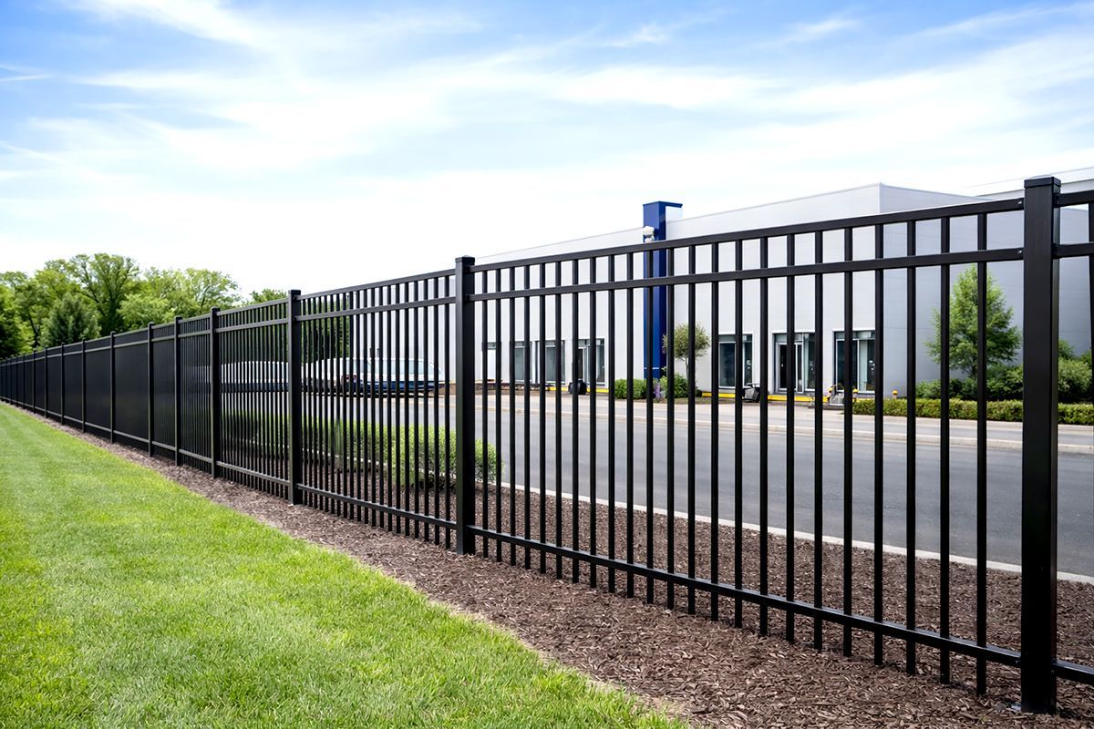 Black metal security fence along green grass and road, with a white building in the background on a sunny day.