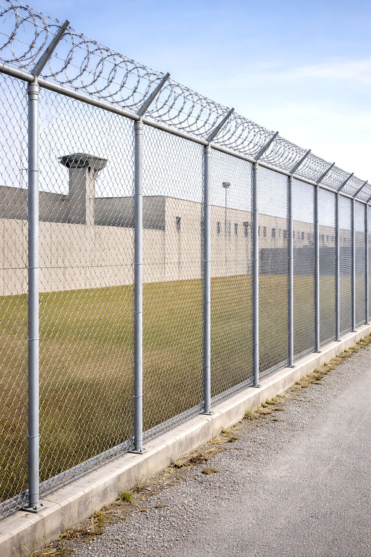 Prison with security fence topped with razor wire.
