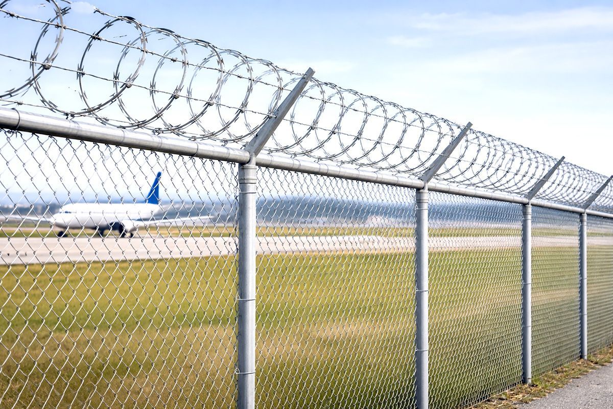 Chain-link fence topped with barbed wire at an airport, airplane on the runway.