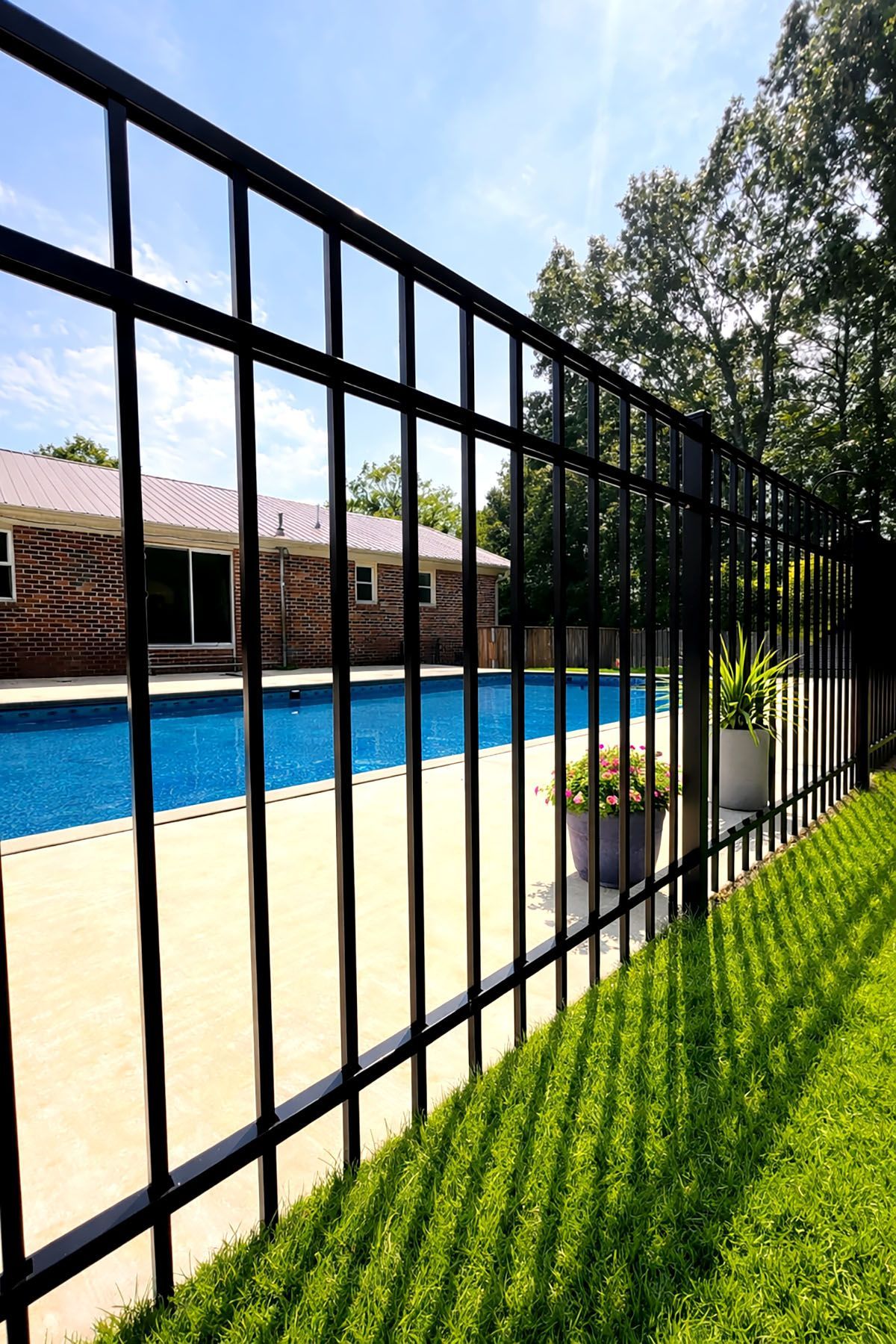 Black metal fence bordering a blue swimming pool and a brick house on a sunny day.