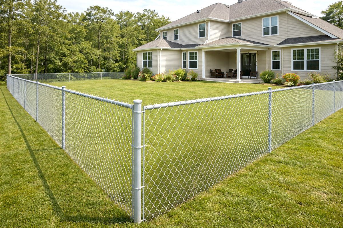 Chain-link fence encloses a green lawn surrounding a two-story beige house.