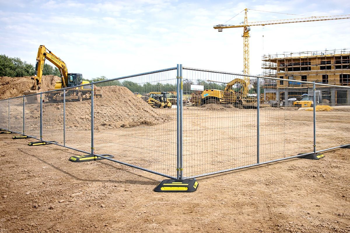 Construction site with a temporary safety fence, heavy machinery, and a crane.