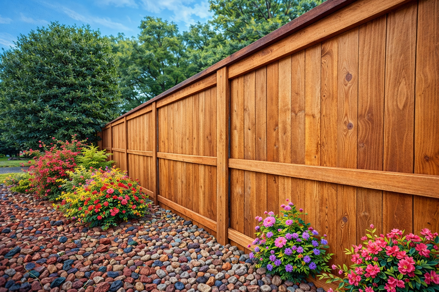 Wooden fence in a yard with colorful flowers, small rocks, and green trees in the background.