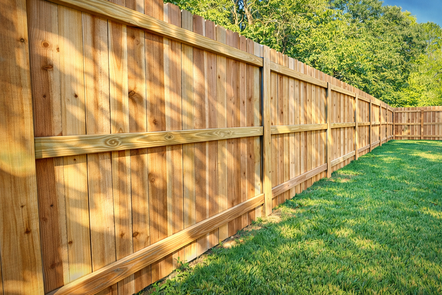 Wooden fence in a backyard with green grass, sunlight, and trees in the background.
