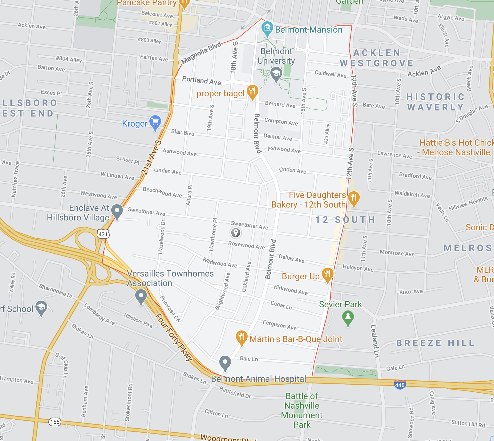 map of Belmont neighborhood Nashville