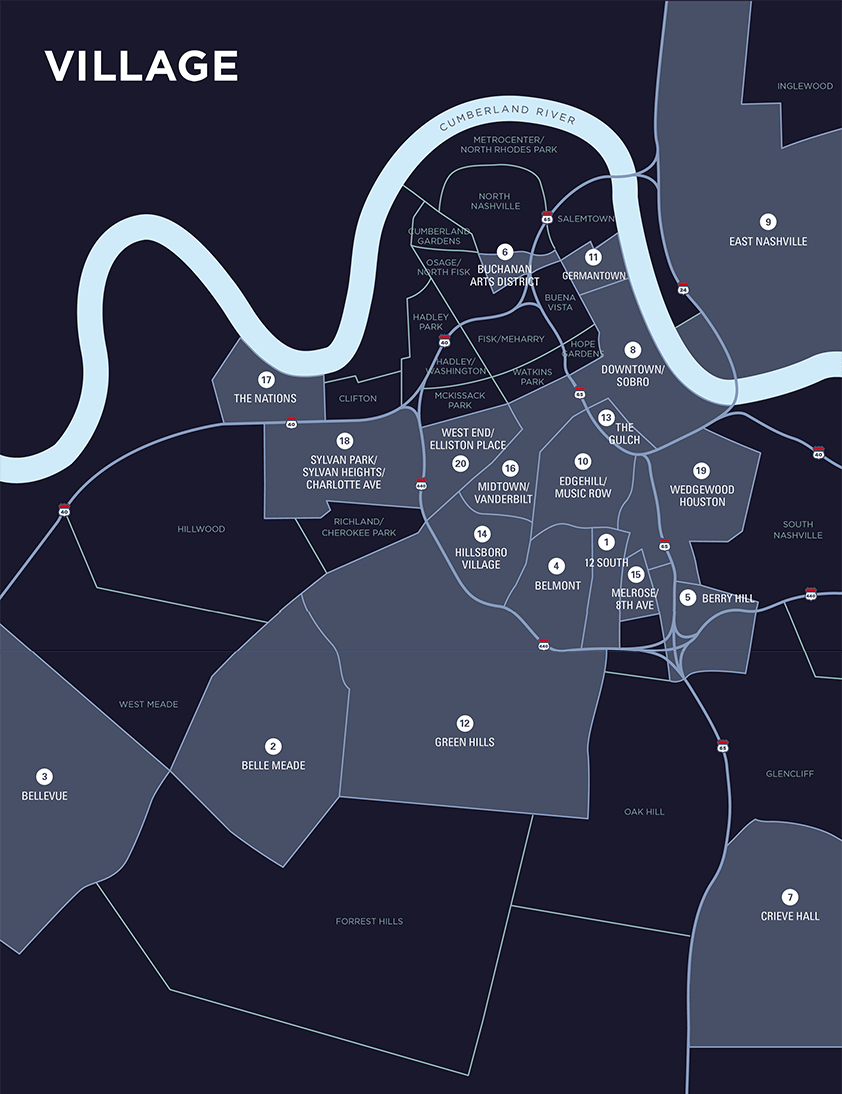 map of Nashville neighborhoods by Village Real Estate