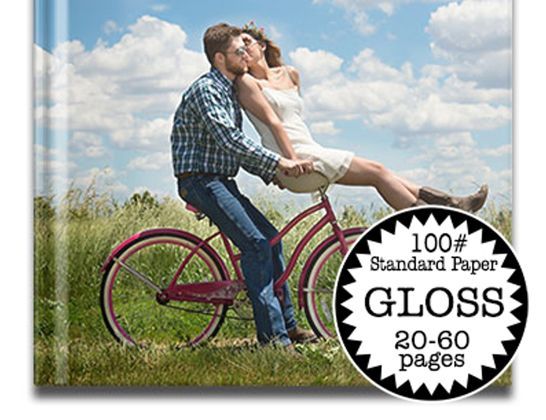 Couple on a bicycle in a grassy field under a blue sky, with a 100-sheet glossy paper badge.