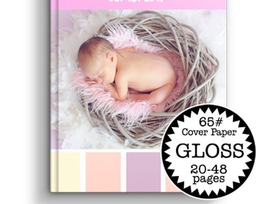 Newborn baby curled in a nest with pink and white fur, gloss cover page template, 20-48 pages