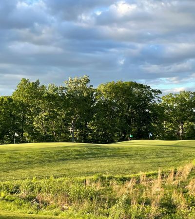Green golf course with trees under a cloudy sky. Flags mark the greens.