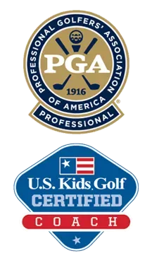 Top: PGA logo. Bottom: U.S. Kids Golf Certified Coach logo, blue, red, and white.