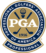 PGA logo: Gold and blue emblem with golf clubs, a ball, and the text