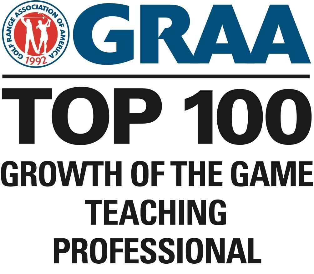 GRAA Top 100 Growth of the Game Teaching Professional logo. Blue text on white. Golfers in red/white logo.