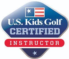 U.S. Kids Golf Certified Instructor logo. Blue and red badge with American flag and text.