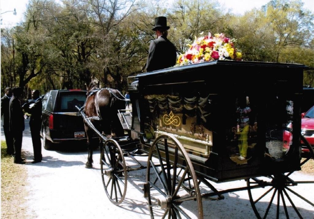 Horse-drawn black hearse with flowers on a tree-lined road during a funeral procession