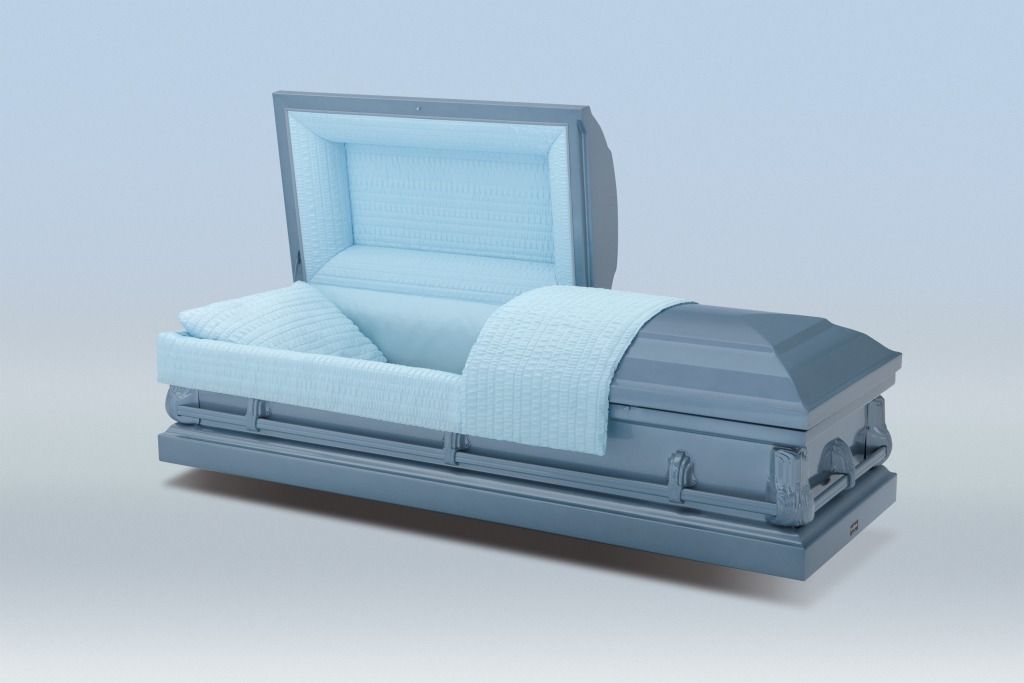 Light blue upholstered bed with raised headboard and gray base, shown on a white background