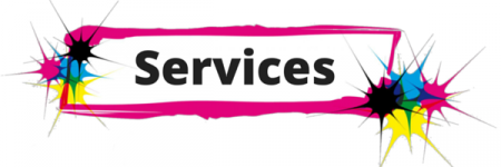 Services text in black on a pink-framed banner with colorful starburst accents