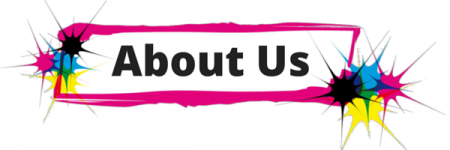 “About Us” text in bold black on a white banner with pink border and colorful starbursts