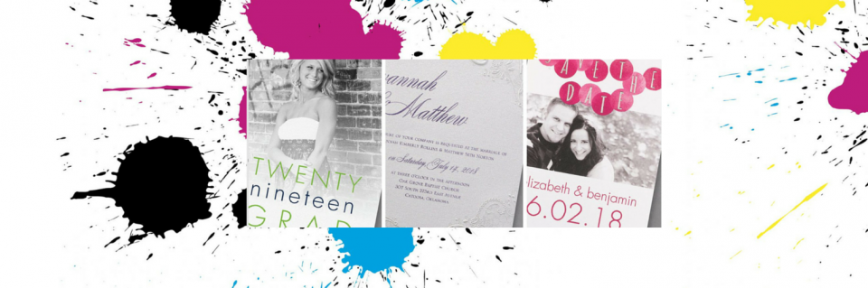Collage of colorful brochure pages with black, pink, and yellow paint splashes on a white background