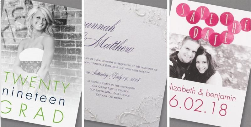 Three graduation announcement designs with photos, script names, and pink accents.