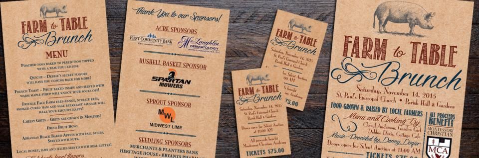 Assorted beige Farm + Table brunch menu flyers arranged side by side with handwritten-style text