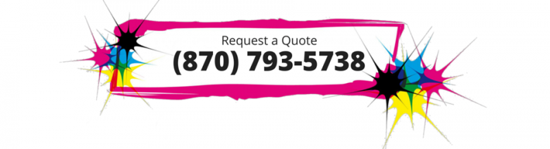 Request a Quote banner with phone number (870) 793-5738 in pink, black, and cyan splashes