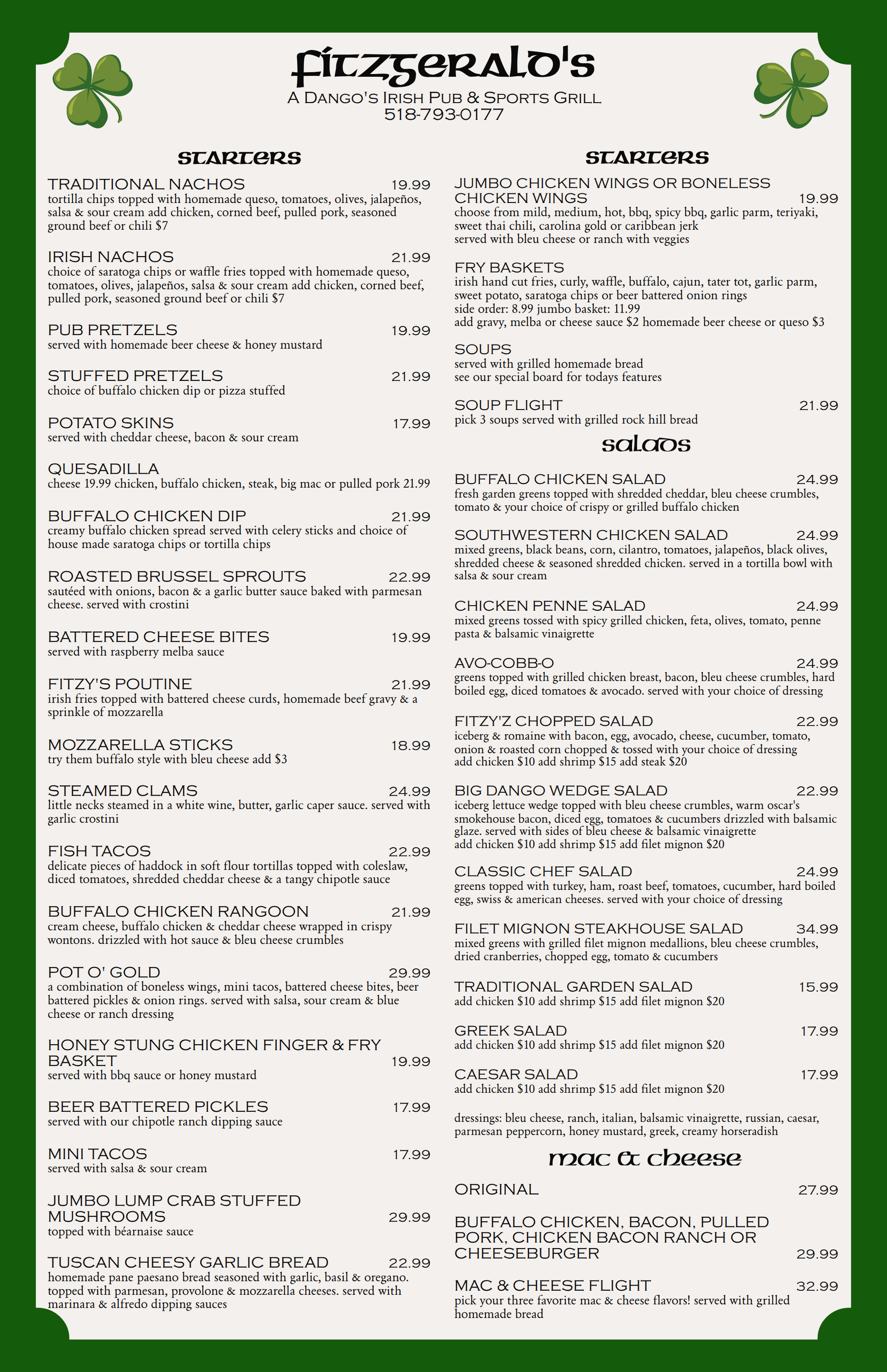Fitzgeralds Irish Sports Bars Menu