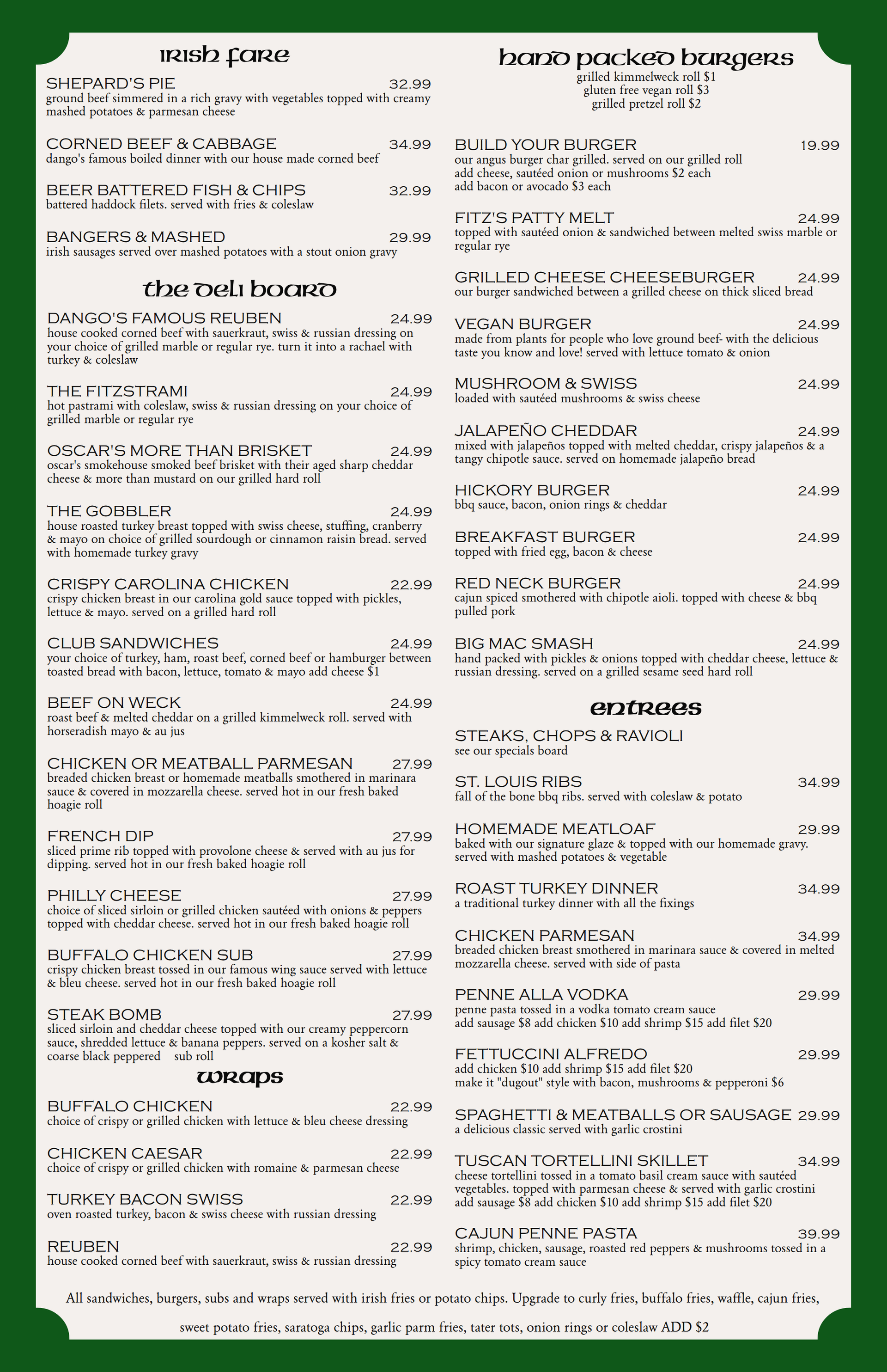 Fitzgeralds Irish Sports Bars Menu