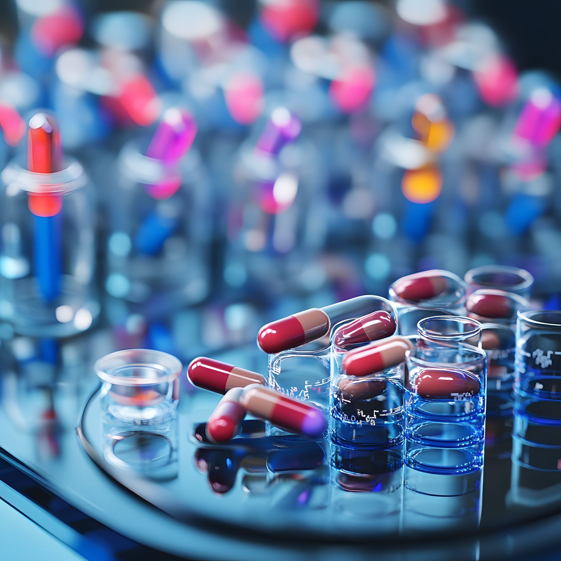 Pills on a reflective blue surface with blurred vials in the background, suggesting a laboratory setting.