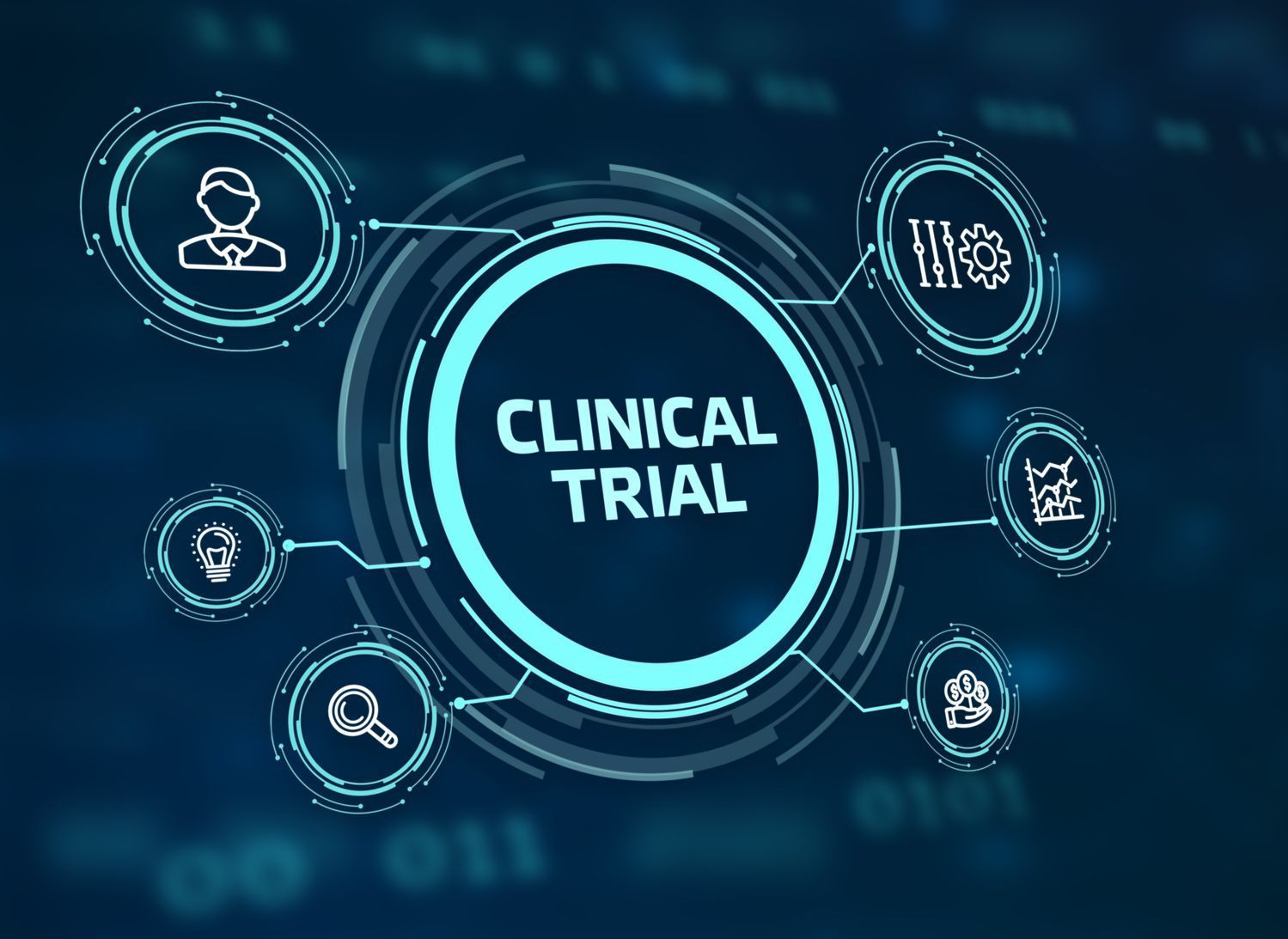 A futuristic screen with the words `` clinical trial '' in a circle surrounded by icons.