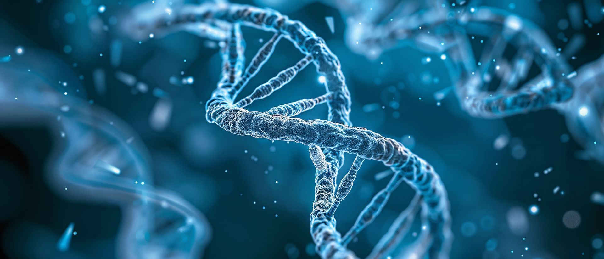 A close up of a dna strand on a blue background.