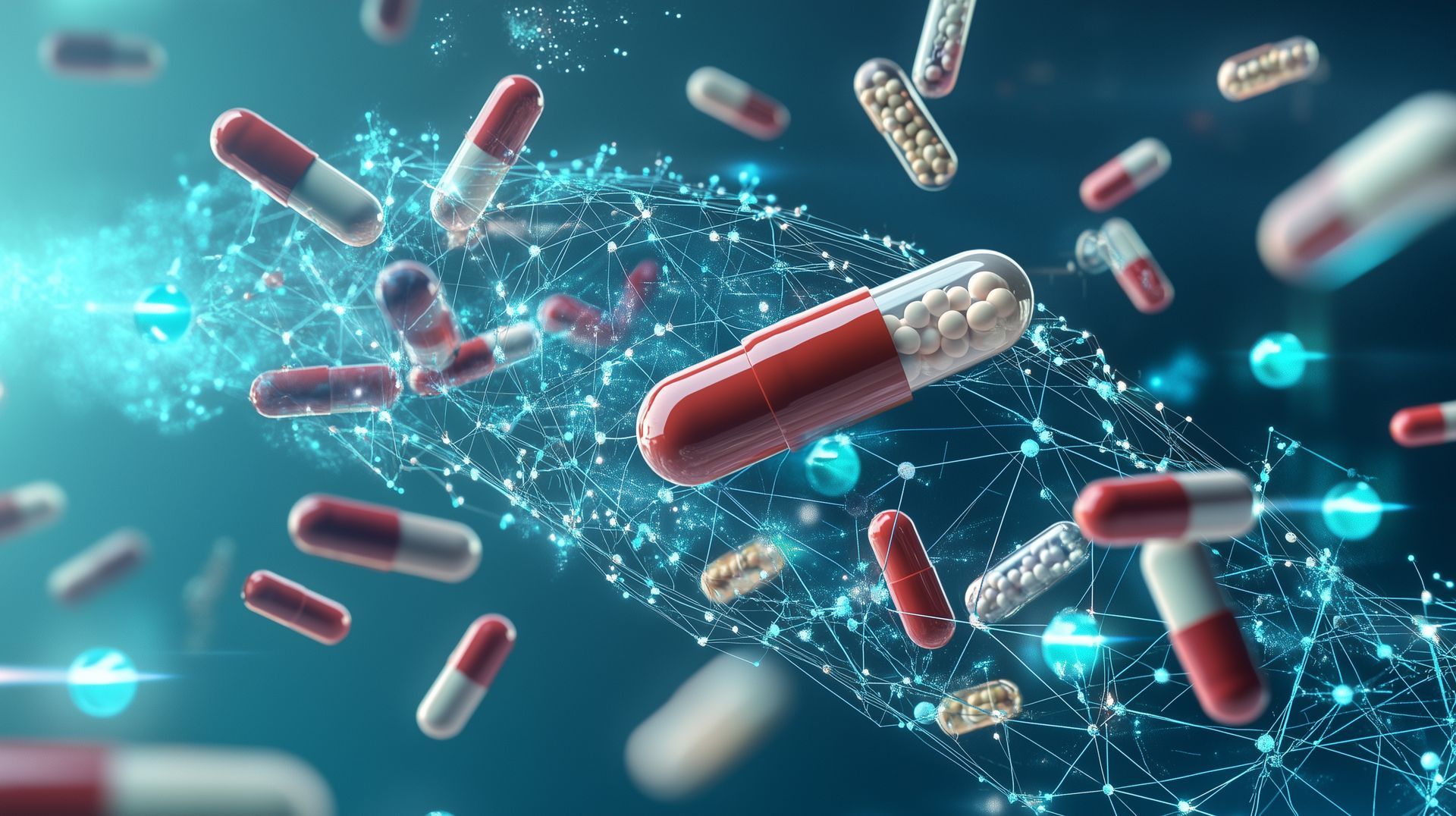 A bunch of pills are floating in the air on a blue background.
