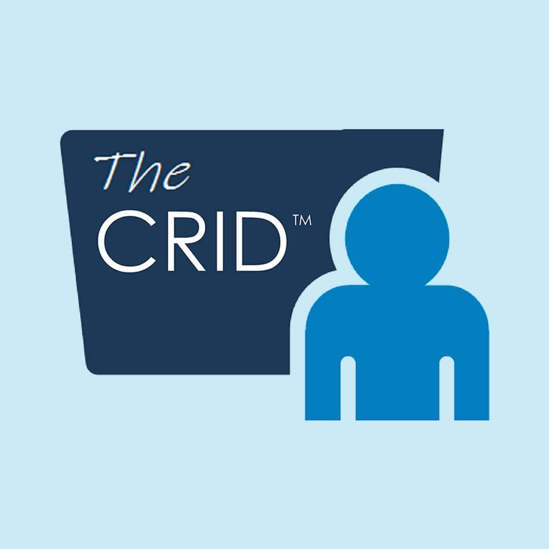 A logo for the crid with a blue silhouette of a person