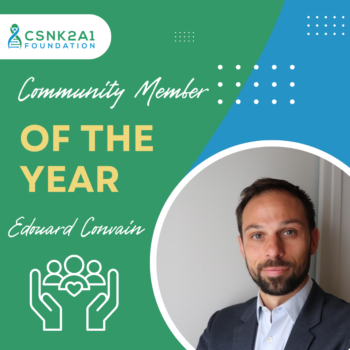 CSNK2A1 Foundation Community Member of the Year award card featuring Edward Conway and his portrait