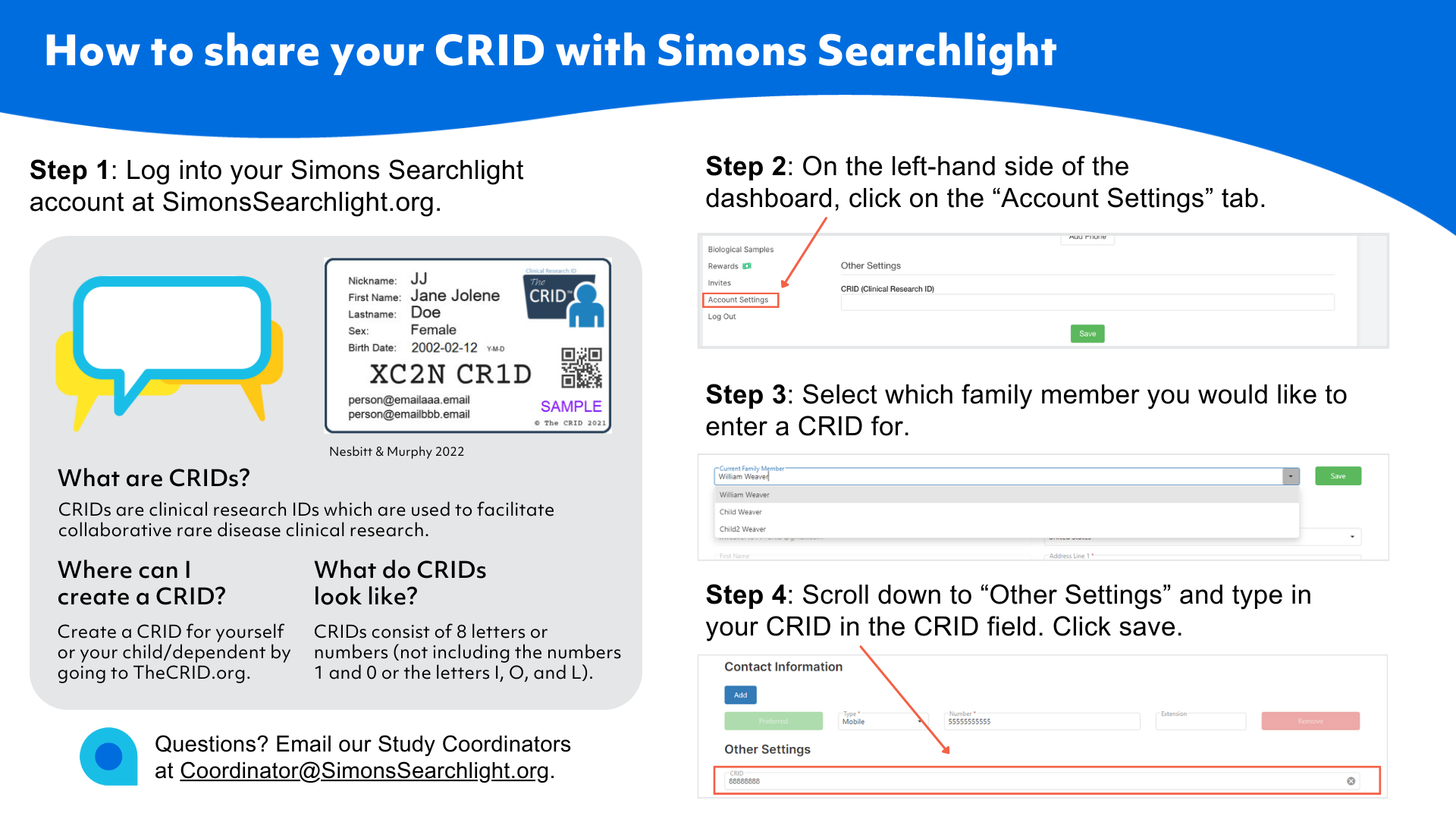 A poster showing how to share your crid with simons searchlight