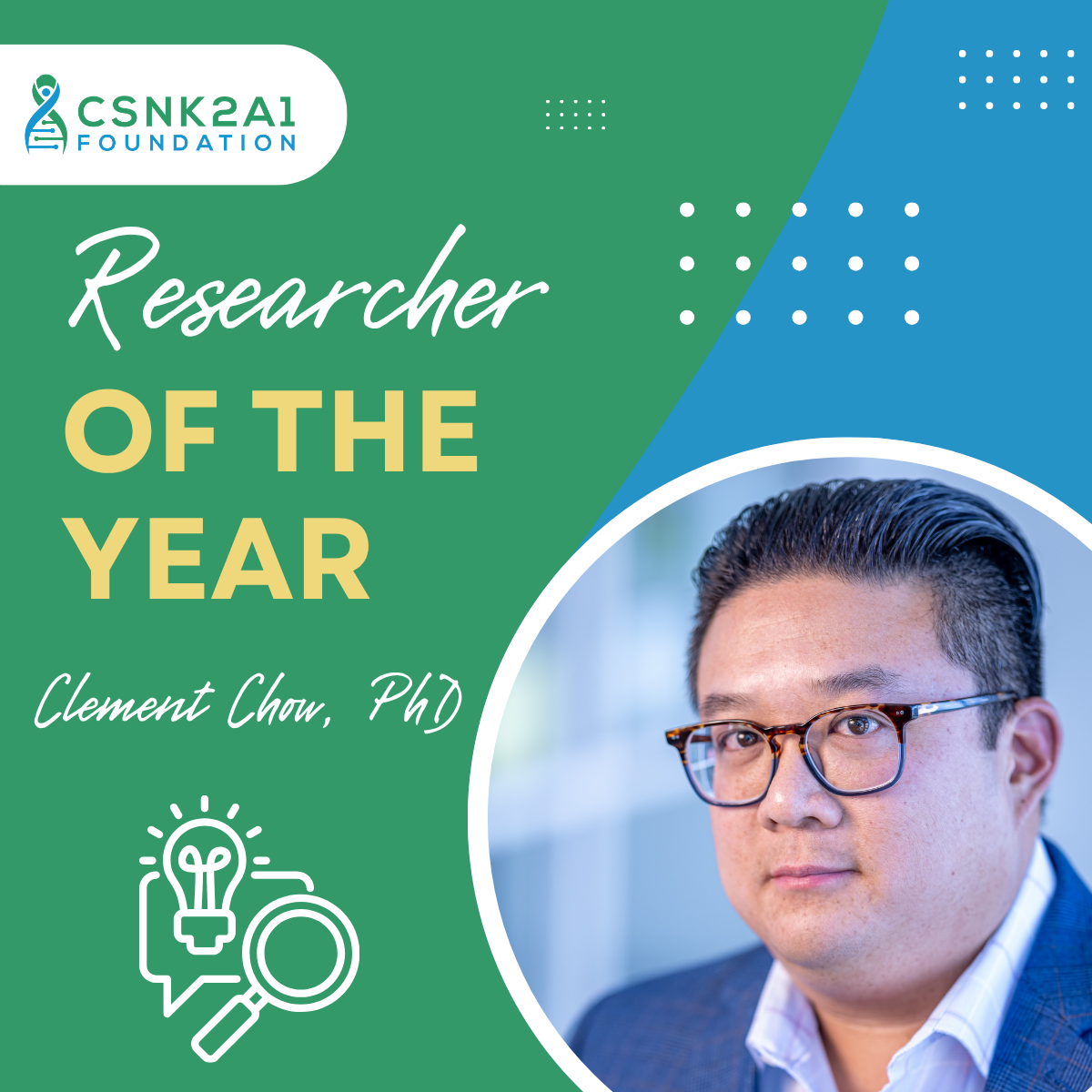 CSNK2A1 Foundation “Researcher of the Year” award graphic with portrait and green-blue design