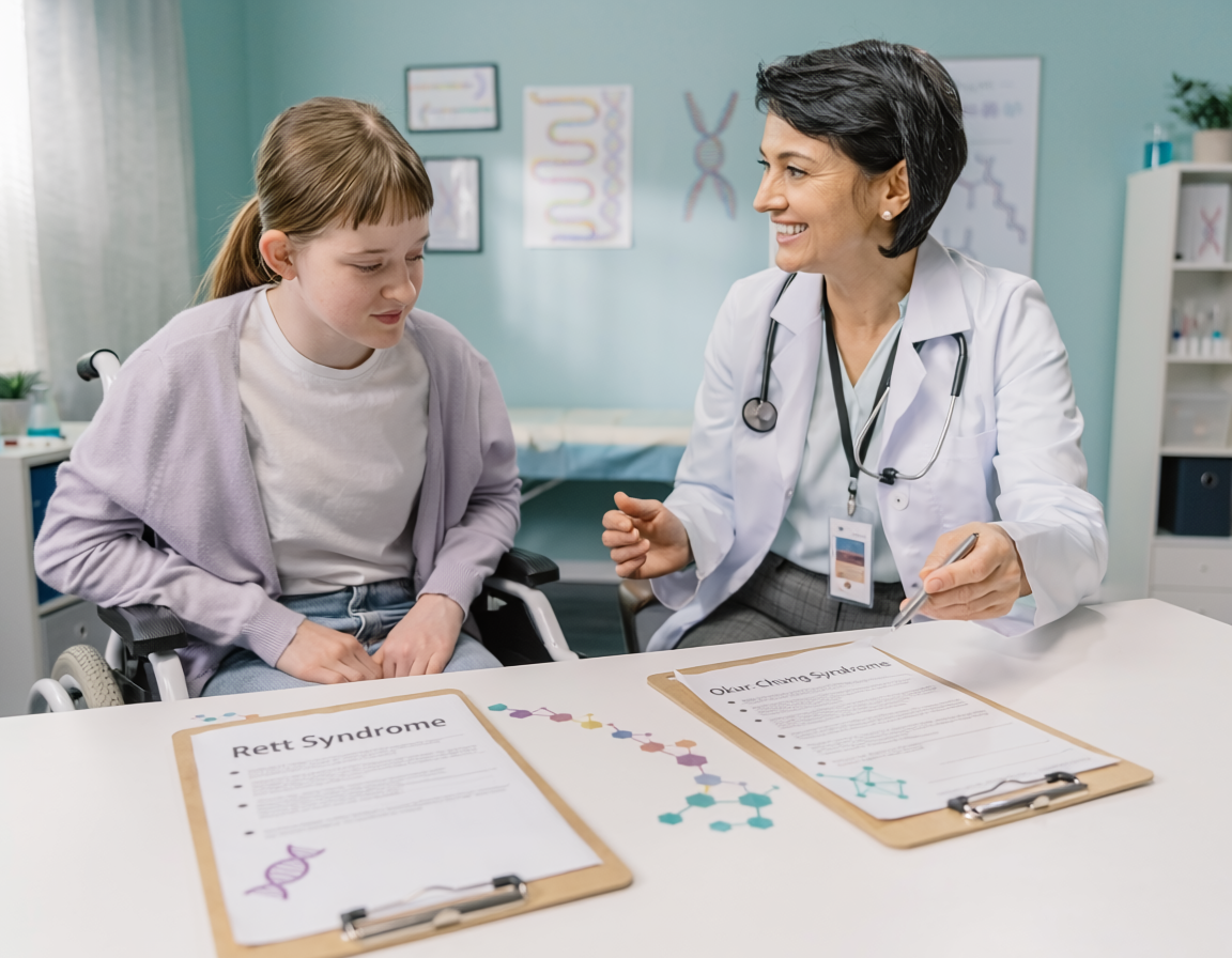 Doctor speaking with a seated patient across a desk in a clinic office