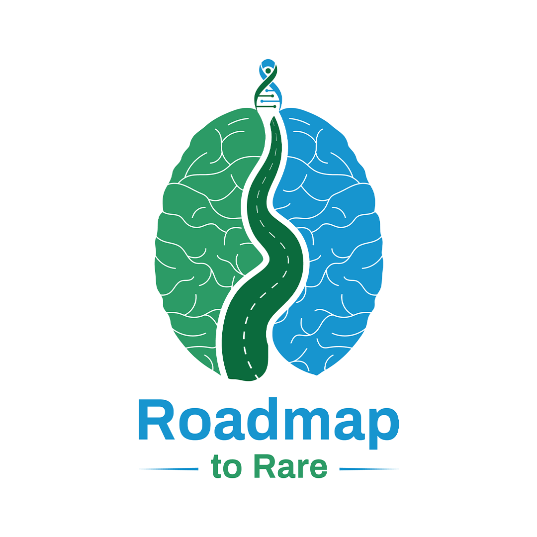 Roadmap to Rare logo with green and blue brain graphic and DNA strand