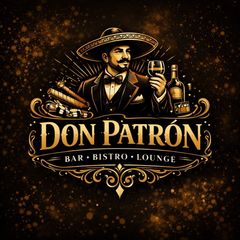 A logo featuring a man in a tuxedo and sombrero, holding a glass, with cigars and text reading