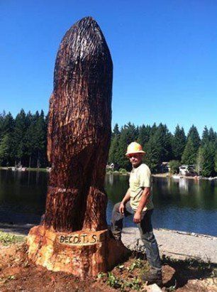 Man With Hard Hat And Carved Wood — Shelton, WA — Beko's Trees LLC & Wood Carving