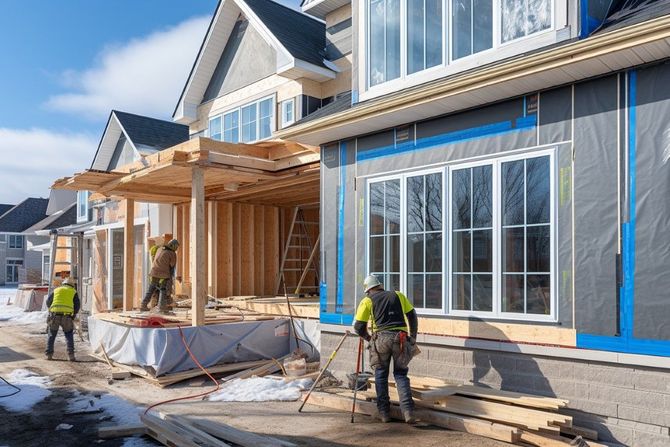 Construction workers framing a house exterior with scaffolding and blue house wrap
