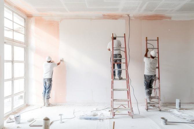 Workers painting walls in a bright room during interior renovation, with ladders and paint supplies.
