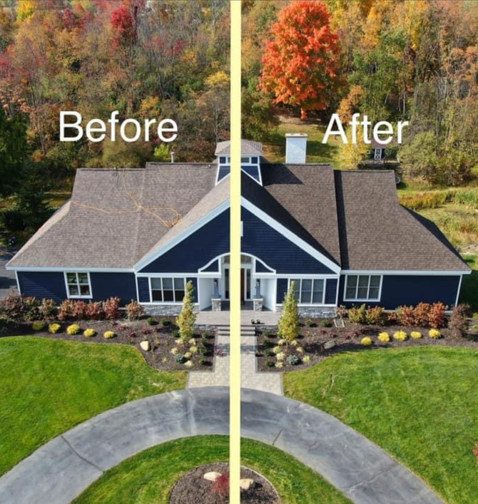 Before-and-after aerial view of a house roof and yard, split down the middle.