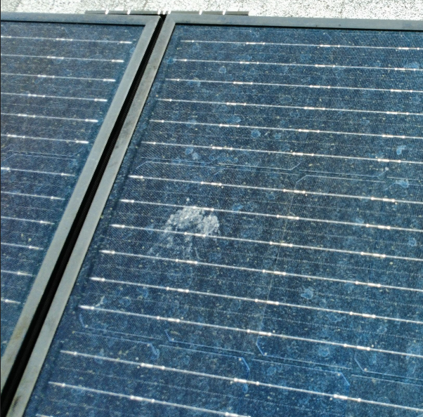 Two dirty blue solar panels with dust and smudges