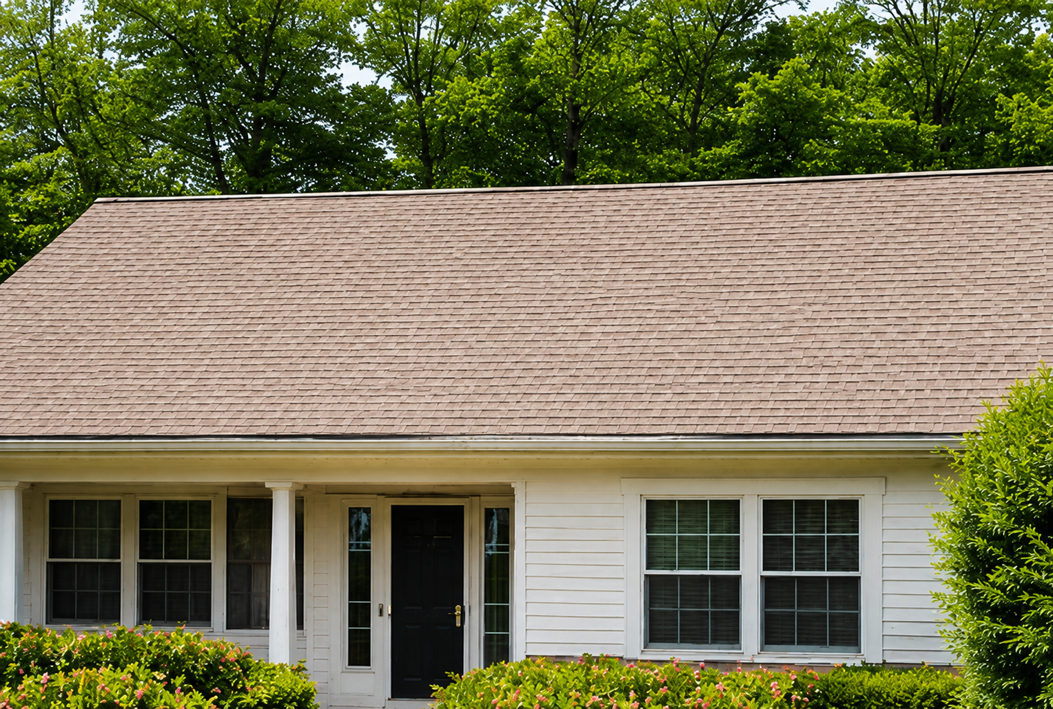 Suburban house with tan shingle roof, white siding, and a front porch surrounded by green trees.