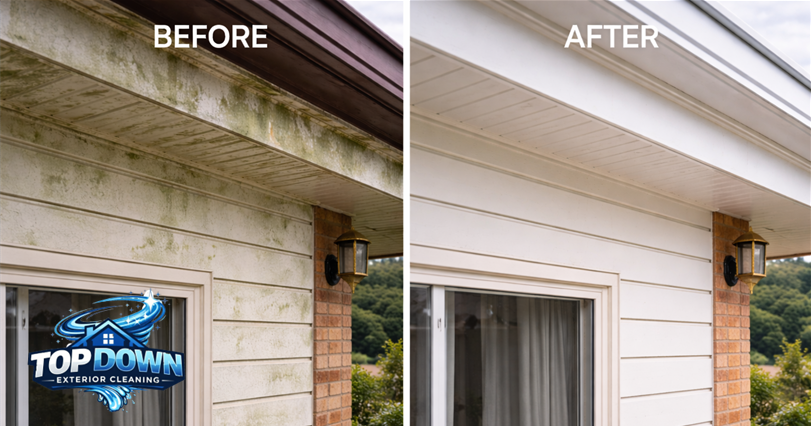 Before-and-after view of a house exterior, showing cleaned white siding, window, and gutter on the right.